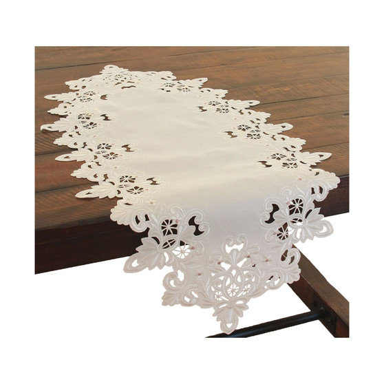 Victorian Lace Embroidered Cutwork Spring Table Runner, 16" x 34"
