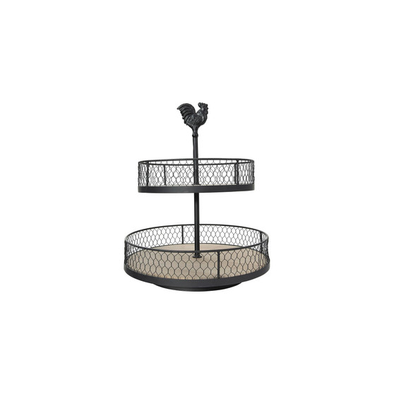 2-Tier Wood Metal Round Trays with Rooster Top
