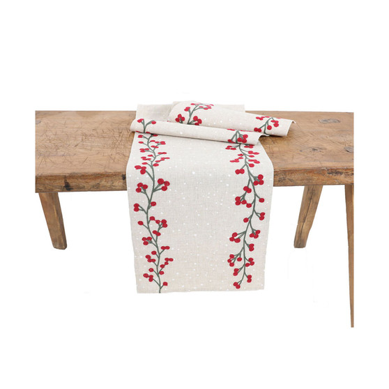 Holly Berry Branch Crewel Embroidered Christmas Table Runner