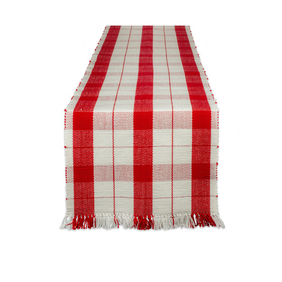 Red Tinsel Plaid Fringed Table Runner