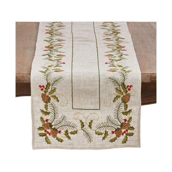 Christmas Table Runner with Embroidered Pinecone and Holly Design