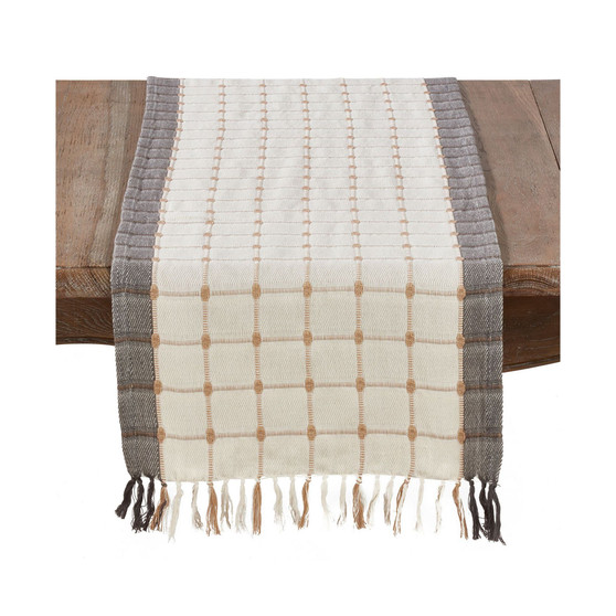 Woven Windowpane and Tassel Design Cotton Table Runner