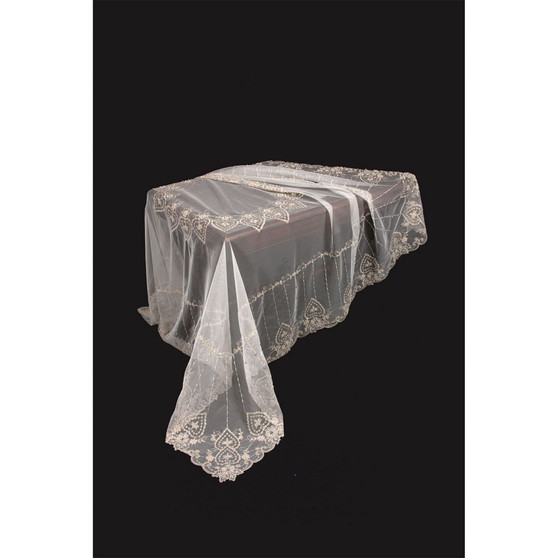 Exquisite Heart Lace Embroidered Tablecloth with Beaded Accents