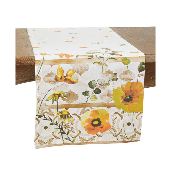 Block Print Table Runner with Floral Design, 72" x 16"