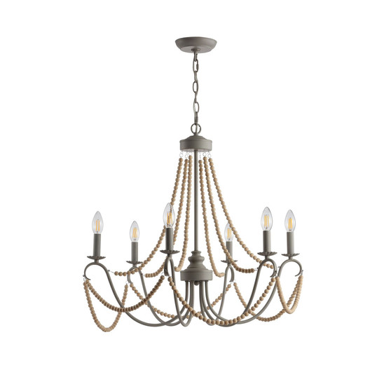 Rustica 6-Light 27" Adjustable Greige, Wood Bead Led Chandelier