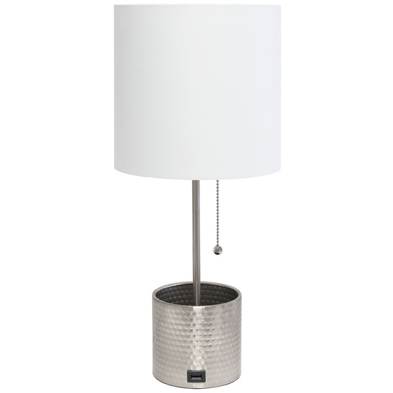 Hammered Metal Organizer Table Lamp with USB Charging Port and Fabric Shade