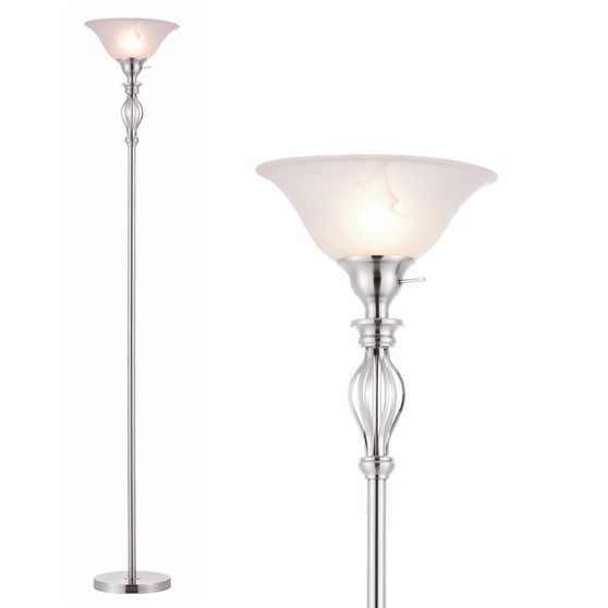 Traditional Iron Scrollwork Standing Lamp Pole Light With Alabaster Glass Bowl Shade – 70" Tall- (Brushed Nickel)