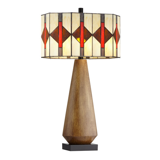 Faux Wood Table Lamp with Art Glass