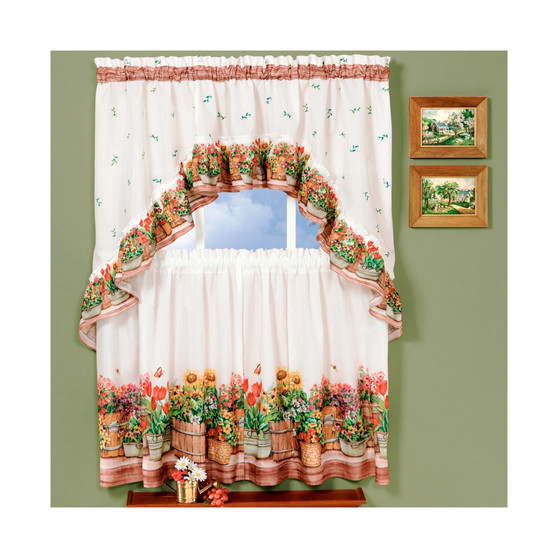 Country Garden Printed Tier and Swag Window Curtain Set, 57x24