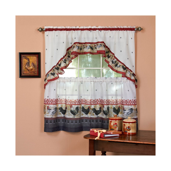 Rooster Printed Tier and Swag Window Curtain Set, 57x24