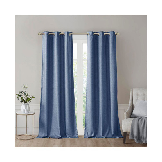 2-PC Polyester Tonal Faux Silk Total Blackout Window Curtain Panel Pair, Blue - 42x95"