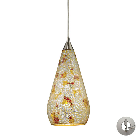 Curvalo 1 Light Pendant in Satin Nickel and Silver Multicolor Crackle Glass - Includes Adapter Kit