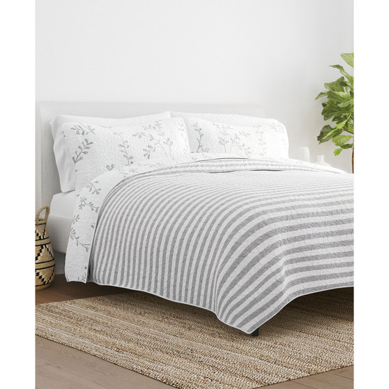 All Season 2 Piece Sprouting Vines Stripe Reversible Quilt Set, Twin/Twin XL
