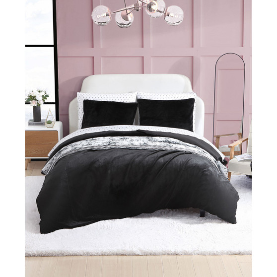Solid Black Faux Fur 2 Piece Duvet Cover Set, Twin