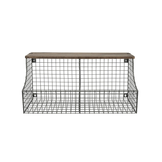 Vintage-like Living Wall Mount Double Storage Bin with Wood Shelf