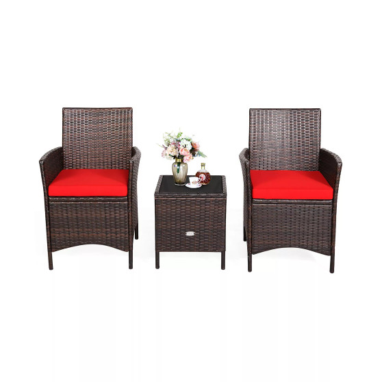 3PCS Patio Rattan Furniture Set Cushioned Sofa Glass Tabletop Deck
