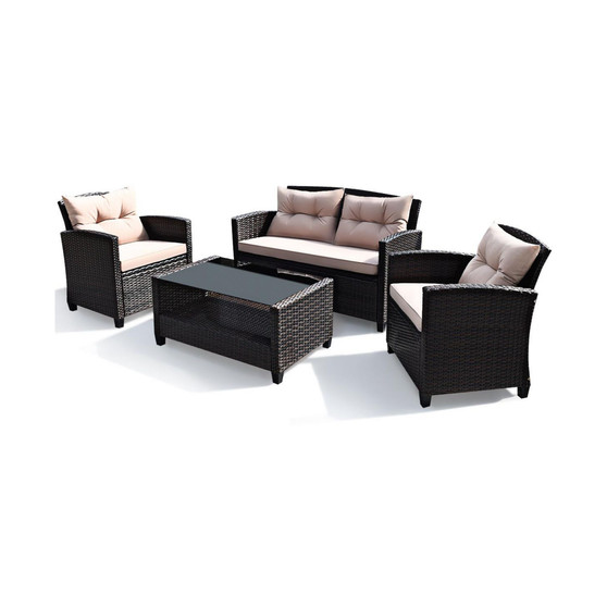 4PCS Outdoor Rattan Furniture Set Cushioned Sofa Armrest Table
