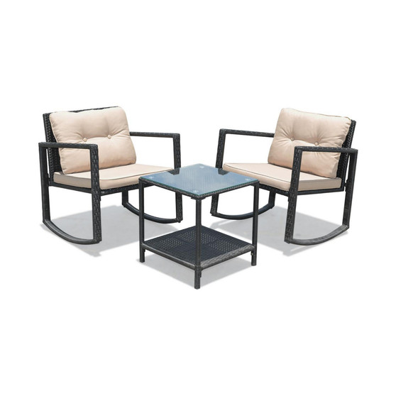 3PC Patio Rattan Conversation Set Rocking Chair Cushioned