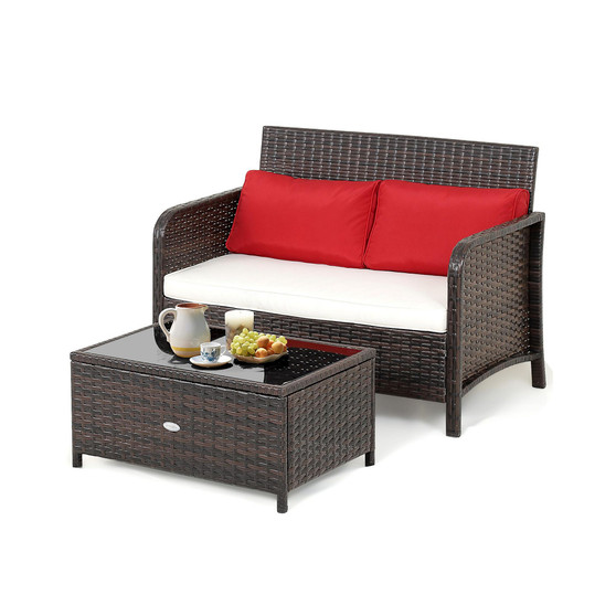 2PCS Patio Rattan Wicker Love-seat Coffee Table Set Cushioned Bench Garden Deck