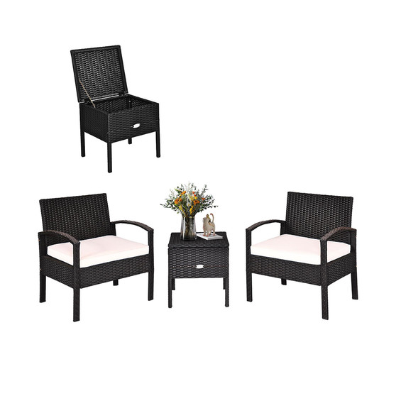 3PC Outdoor Patio Rattan Furniture Set Storage Coffee Table Cushioned Sofa