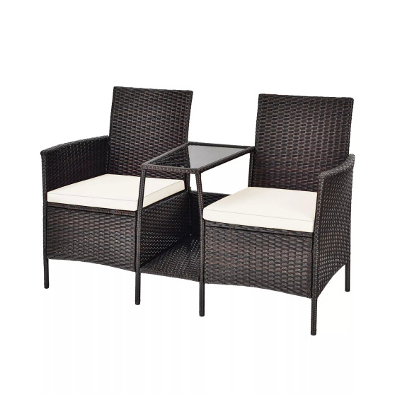 Patio Rattan Wicker Conversation Set Sofa Cushioned Loveseat Glass Table