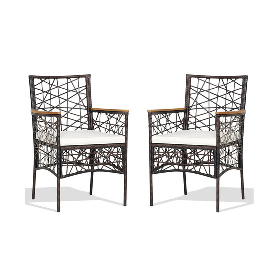 2pcs PE Wicker Patio Bistro Chairs Acacia Wood Armrests
