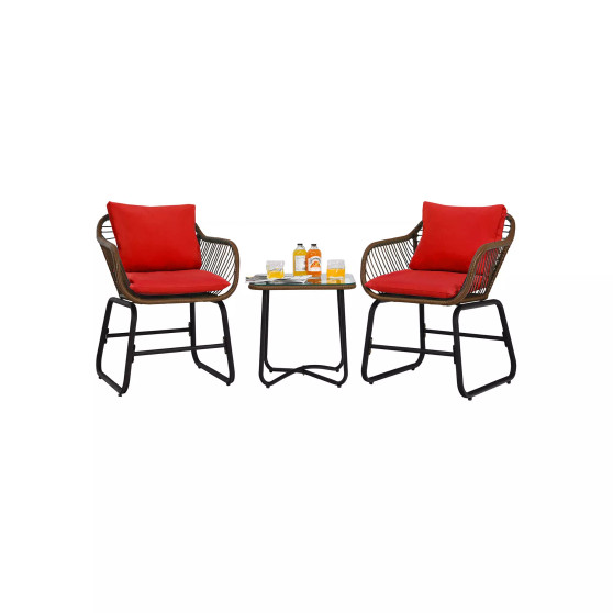 3PCS Patio Rattan Bistro Set Cushioned Chair Glass Table Deck