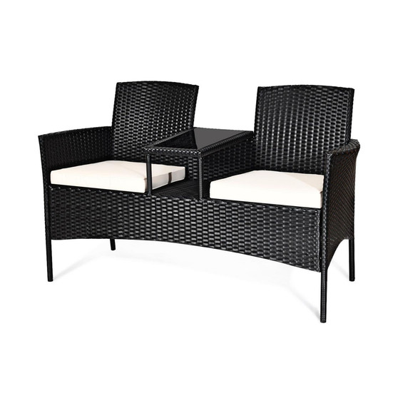Patio Rattan Conversation Set Seat Sofa Cushioned Loveseat Glass Table Chairs