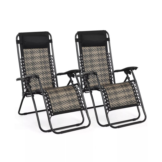 2PCS Patio Rattan Zero Gravity Lounge Chair Folding Recliner Headrest