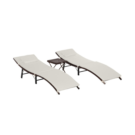 Set of 2 Patio PE Rattan Chaise Lounge Set, 3 Pieces Outdoor Folding Wicker Ledge Loungers Chair with Folding Table, Pillow