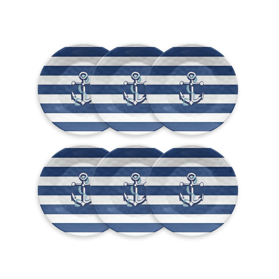 Melamine Nautical Anchor 6-Piece Dinner Plate Set, 10.5"