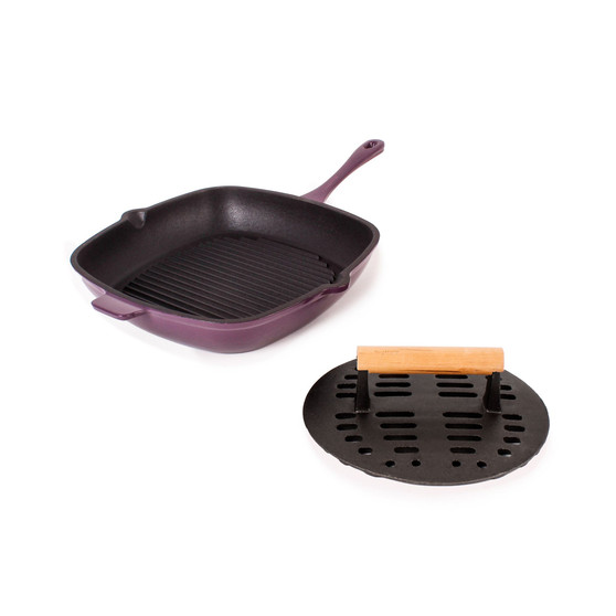 Neo Cast Iron 11" Grill Pan with Slotted Steak Press, Set of 2