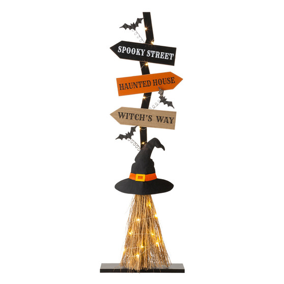42" H Lighted Wooden Witch's Broom Porch Decor