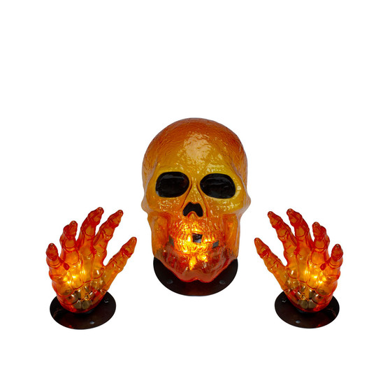 Lighted Skull and Hands 3 Piece Outdoor Halloween Decoration with 4' Black Wire Set, 8.5"