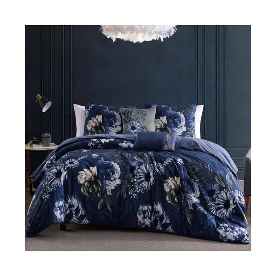 Delphine Blue Bedding 100% Cotton 230 Thread Count 5-Piece Queen Size Reversible Comforter Set