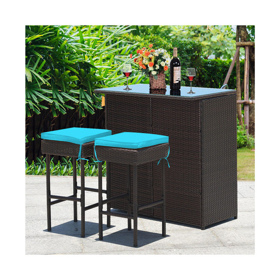 3PCS Patio Rattan Wicker Bar Table Stools Dining Set Cushioned Chairs