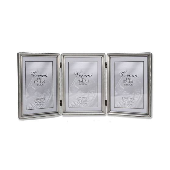 Antique Pewter Hinged Triple Picture Frame - Bead Border Design - 5" x 7"