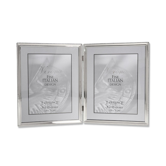 Polished Silver Plate Hinged Double Picture Frame - Bead Border Design - 8" x 10"