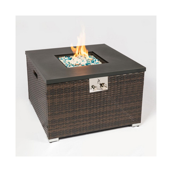 Outdoor Gas Fire Pit Square Dark Brown Wicker Fire Pit Table Propane Fire Table with Glass Rocks