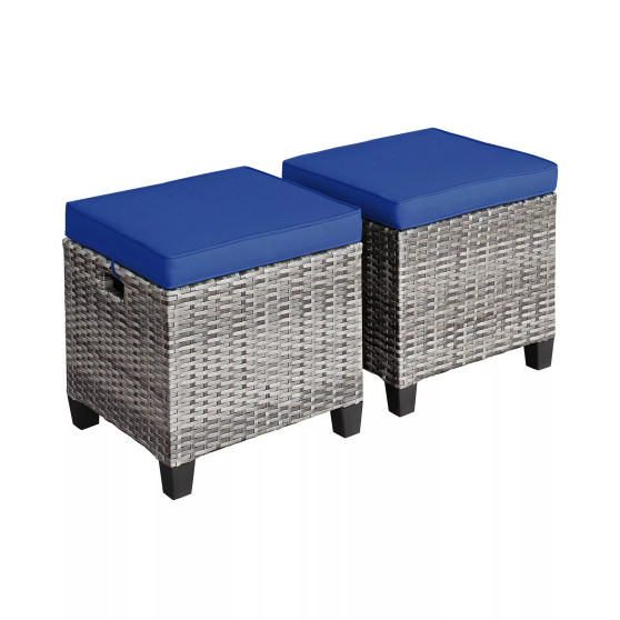 2PCS Patio Rattan Cushioned Ottoman Seat Foot Rest Table