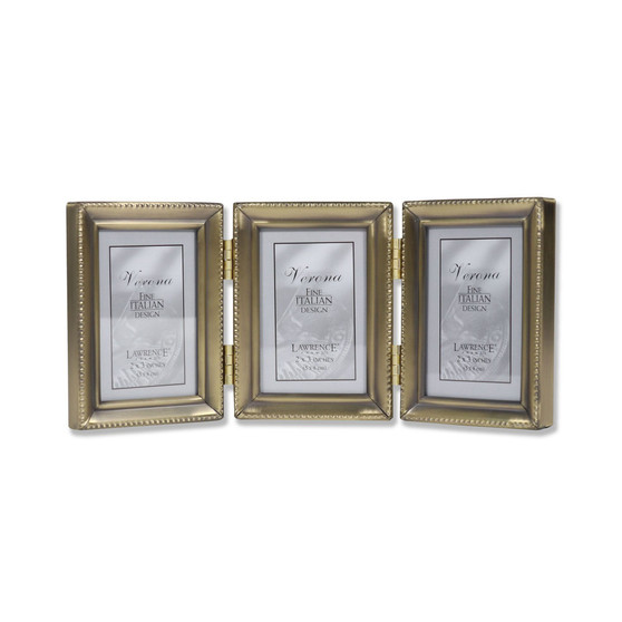 Antique Gold Brass Hinged Triple Picture Frame - Beaded Edge Design - 2" x 3"