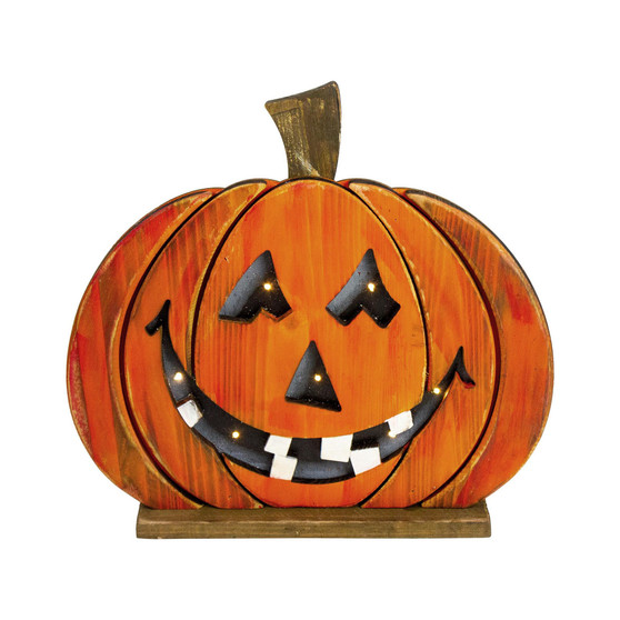 LED Lighted Jack-O-Lantern Wooden Halloween Decoration, 13"