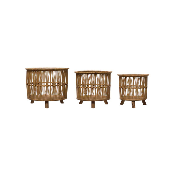 Set of 3 13" H, 12" H 11.25" H Woven Bamboo Footed Baskets