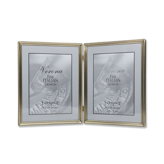 Antique Brass Hinged Double Picture Frame - Bead Border Design - 8" x 10"