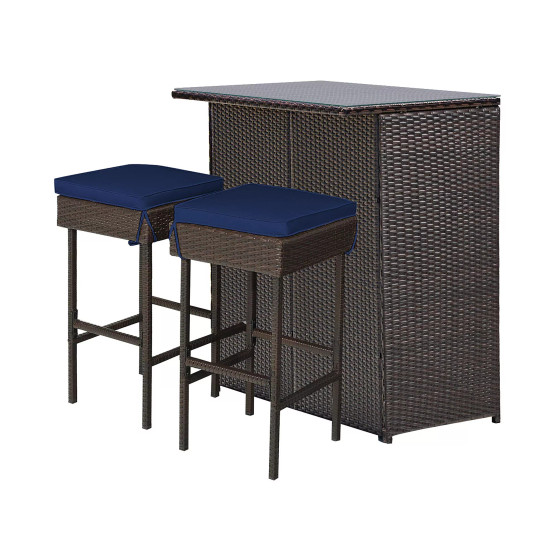 Patio 3PCS Rattan Bar Table Stool Set Cushioned Chairs