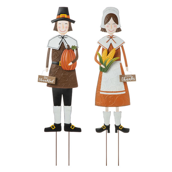 Metal Thanksgiving Pilgrim Yard Stake, Standing Decor or Hanging Decor Set, 2 Piece