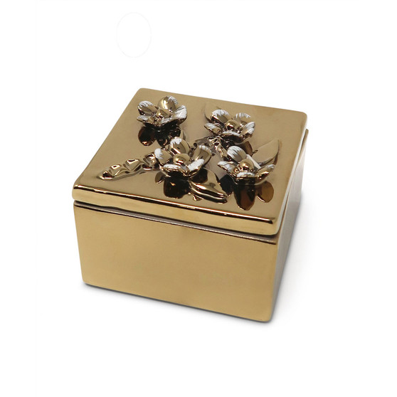 Square Decorative Box with Flower Design on the Lid, 4" L