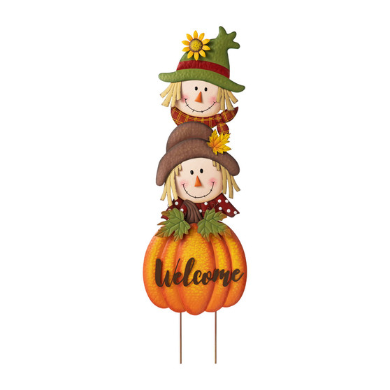 46" H Fall Metal Stacked Scarecrow And Pumpkin Yard Stake