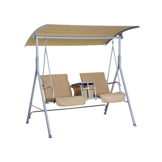 2 Person Porch Covered Swing Outdoor with Canopy, Table and Storage Console, Beige