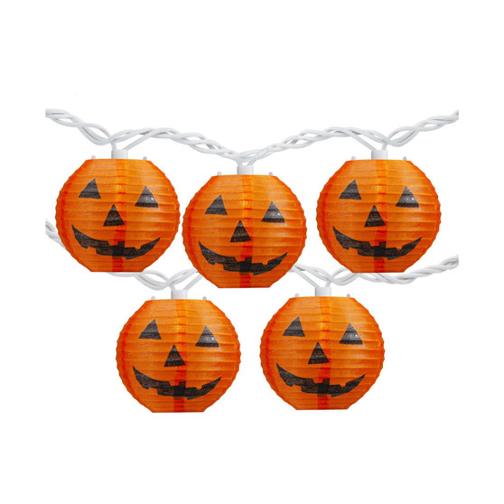 Jack-O-Lantern Paper Lantern 10 Piece Halloween Lights with 8.5' White Wire Set